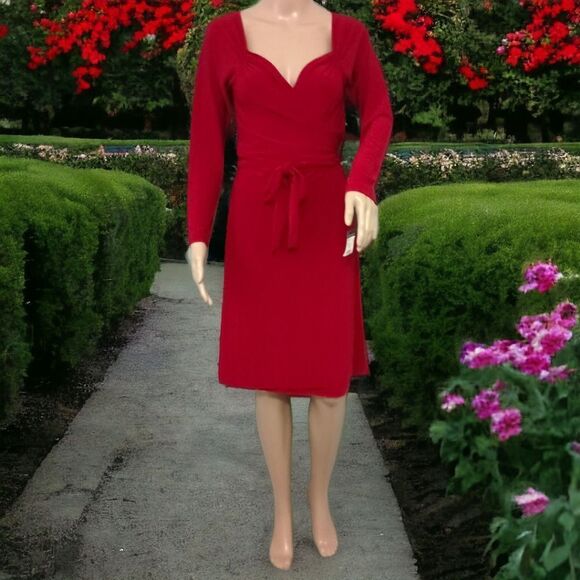Norma Kamali Sweetheart Dress M True Wrap Red Slinky Knit Long Sleeve NEW Flowy. - Picture 11 of 16